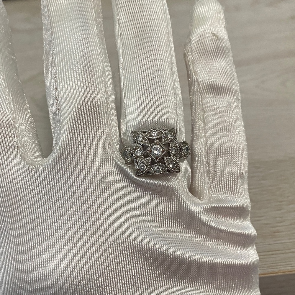 Silver Vintage Style Square Filigree Ring Floral & Crystals Marcasite Accents - Picture 13 of 16